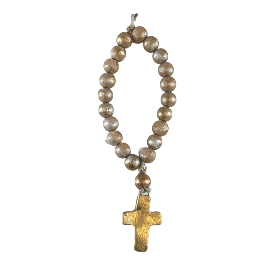 Tiny Wooden Prayer Beads with Ceramic Cross