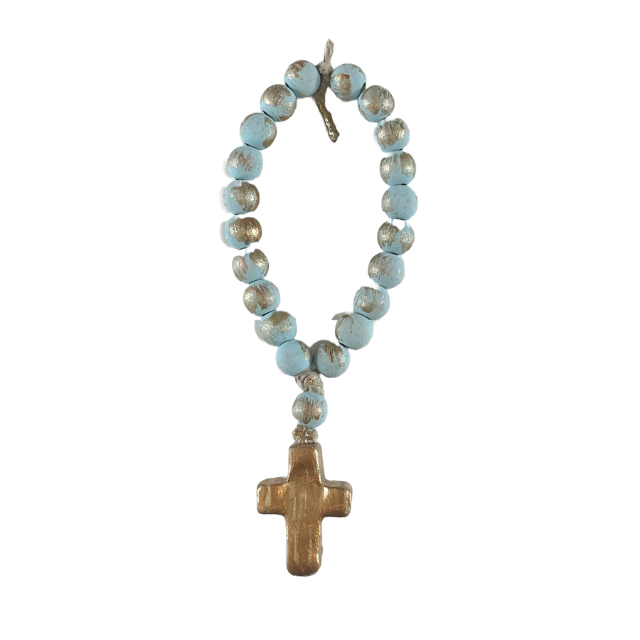 Tiny Wooden Prayer Beads with Ceramic Cross