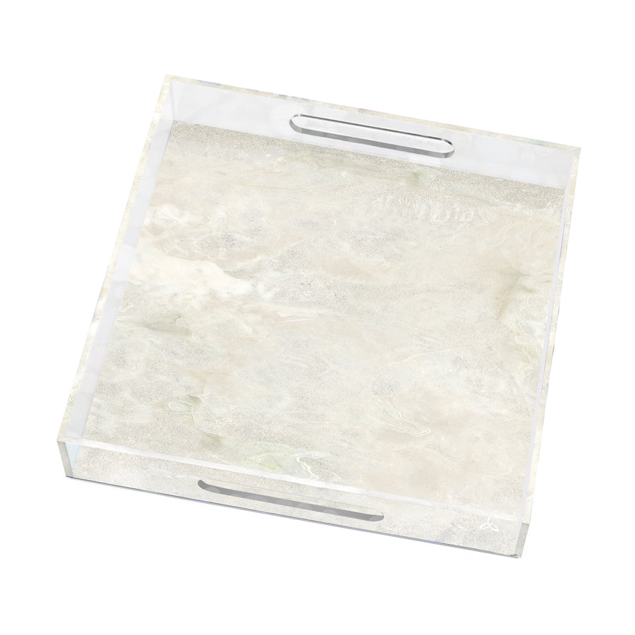 12 x 12 Clear Tray w/ Self Handles & White Marble Insert