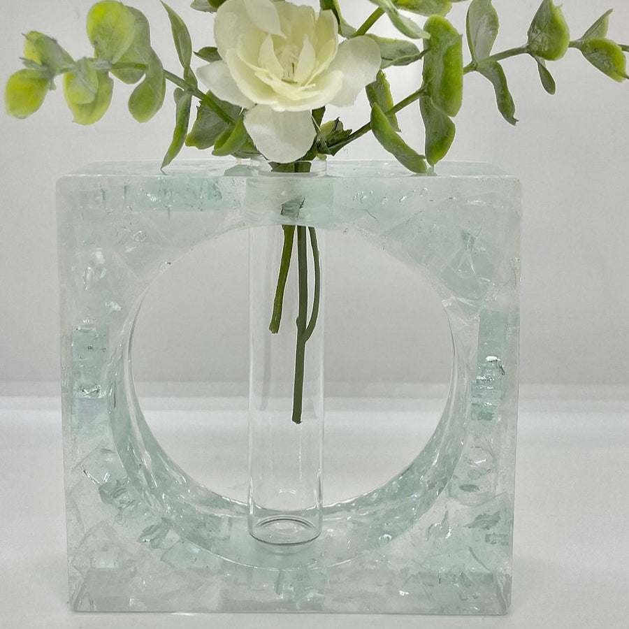 Repurposed Glass and Resin Vase- Square